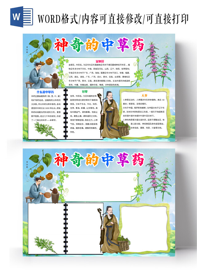 蓝色卡通神奇的中草药中草药小报手抄报卡通小报手抄报