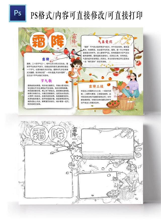 浅色卡通霜降小学生手抄报卡通小报手抄报