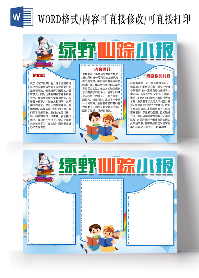 蓝色卡通儿童绿野仙踪读书小报手抄报