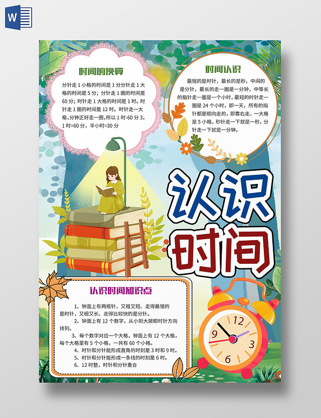 绿色卡通认识时间珍惜时间年月日数学时间小报手抄报
