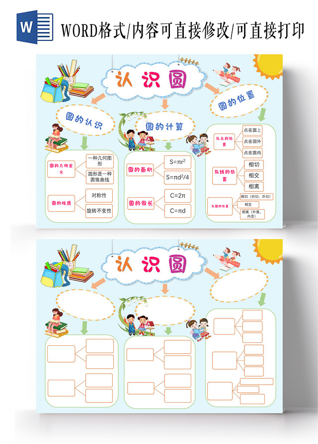 青色卡通认识圆手抄报版面设计卡通小报手抄报圆形思维导图