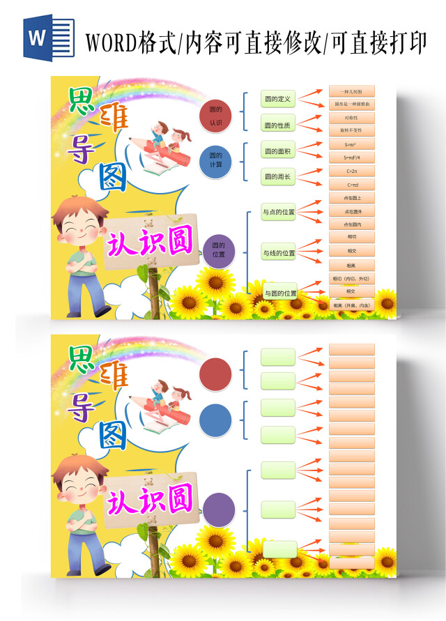 黄色卡通认识圆思维导图小报手抄报思维导图小报圆形思维导图