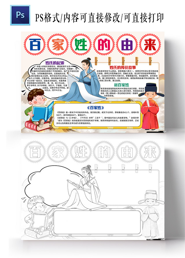 中国风卡通百家姓的由来小报手抄报卡通小报手抄报