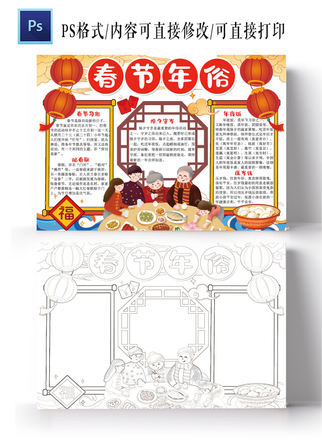 春节年俗小报2022虎年新年元旦电子手抄报模板