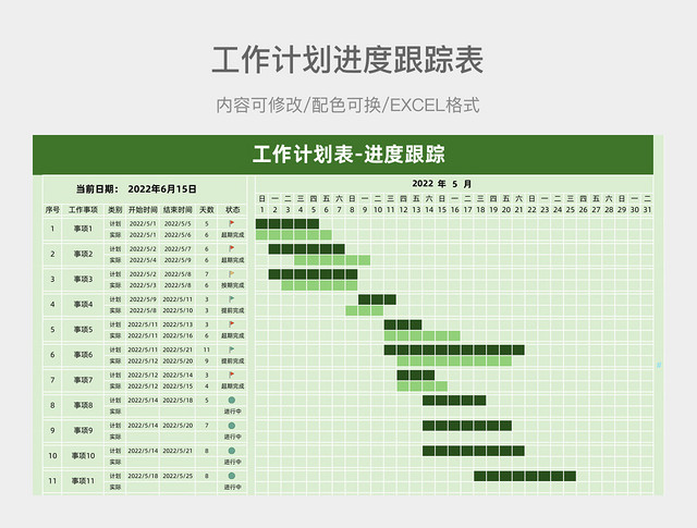 绿色简约工作计划进度跟踪表