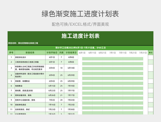 绿色渐变施工进度计划表