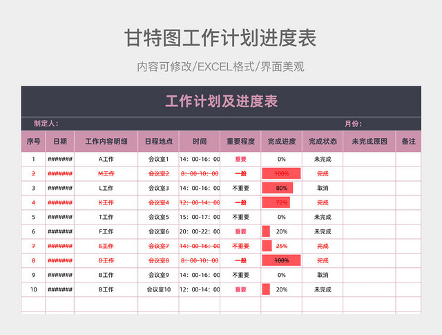 珊瑚粉甘特图工作计划进度表