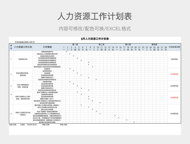 蓝色简约人力资源工作计划表