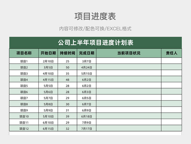 淡绿色清新公司上半年项目进度计划表