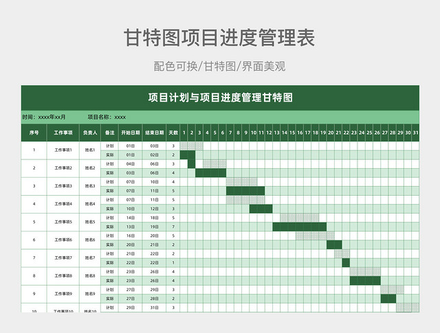 渐变绿色项目计划与项目进度管理甘特图