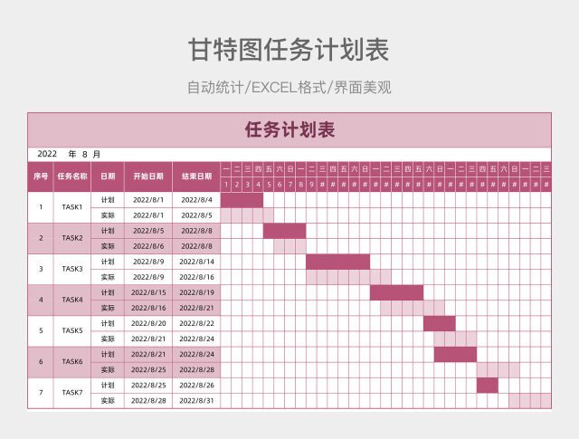 玫瑰豆沙简约任务计划表+甘特图