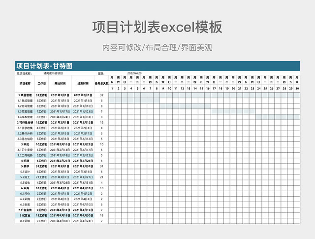 项目计划表EXCEL模板