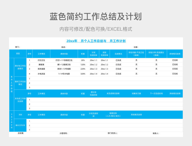 蓝色简约工作总结及计划