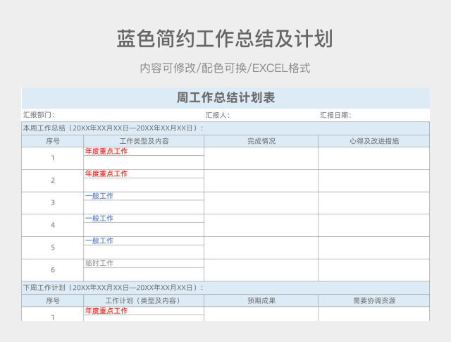 蓝色简约工作总结及计划