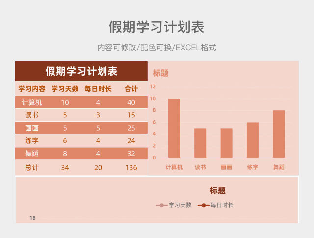 红橙色清新假期学习计划表