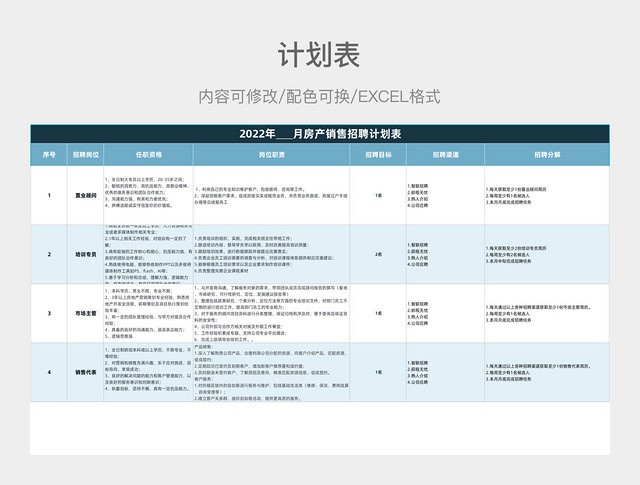 蓝色清新房产销售招聘计划表