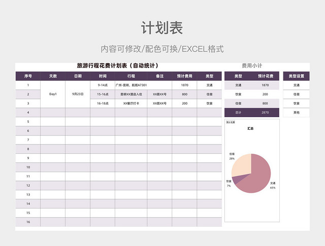 紫色清新旅游行程花费计划表