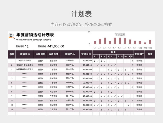 淡紫色简约年度营销活动计划表