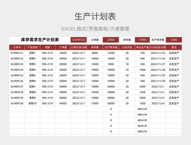 红色生产计划表
