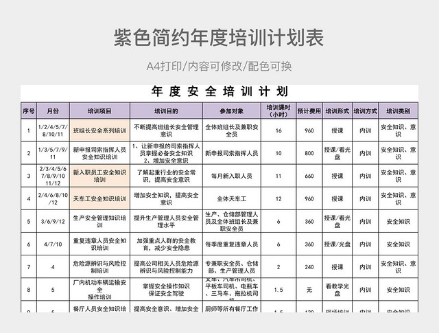 紫色简约年度培训计划表