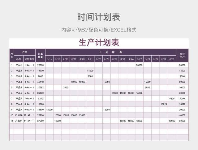粉紫色简约生产计划表