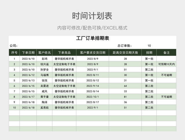 绿色大气工厂订单排期表