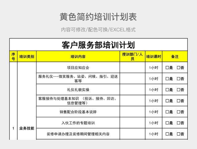 黄色简约培训计划表