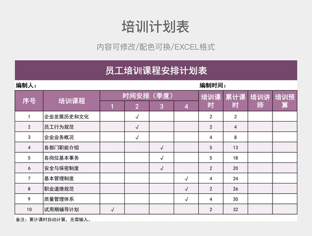 紫粉色清新员工培训课程安排计划表