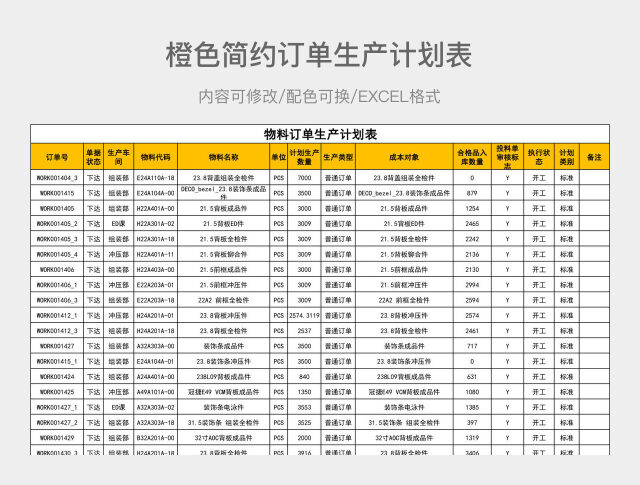 橙色简约订单生产计划表