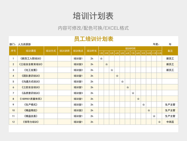 黄色简约黄色简约员工培训计划表