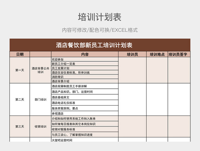 肉色简约酒店餐饮部新员工培训计划表