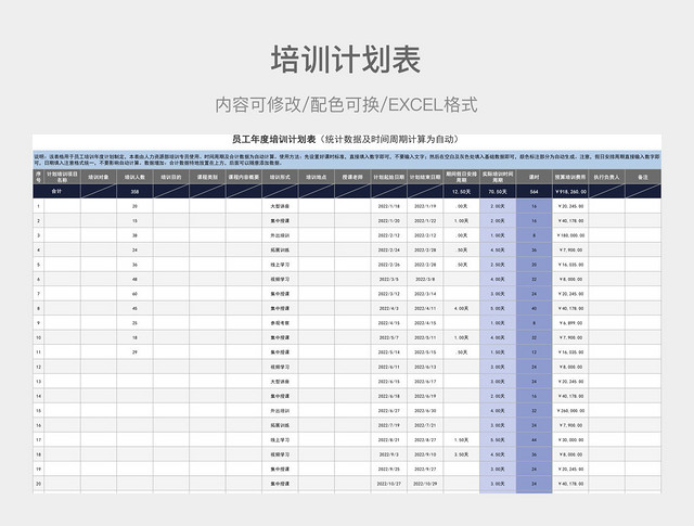 蓝色简约员工年度培训计划表