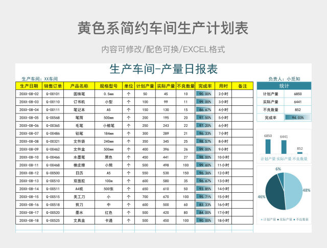 黄色系简约车间生产计划表