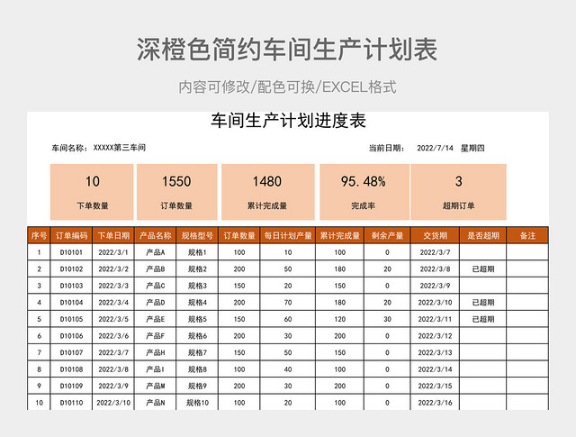 深橙色简约车间生产计划表