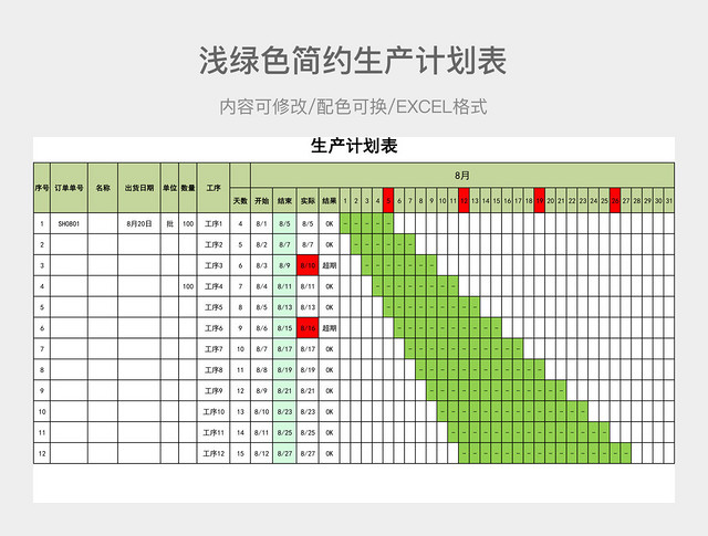 浅绿色简约生产计划表
