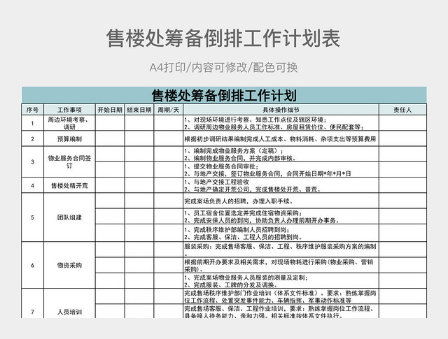 简约售楼处筹备倒排工作计划表