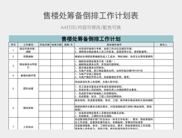 简约售楼处筹备倒排工作计划表