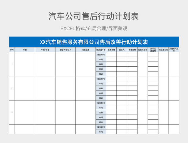 汽车销售服务有限公司售后改善行动计划表