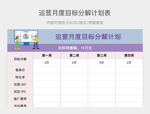 彩色简约运营月度目标分解计划表