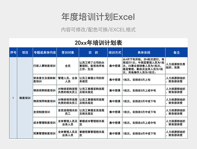 蓝色简约年度培训计划表