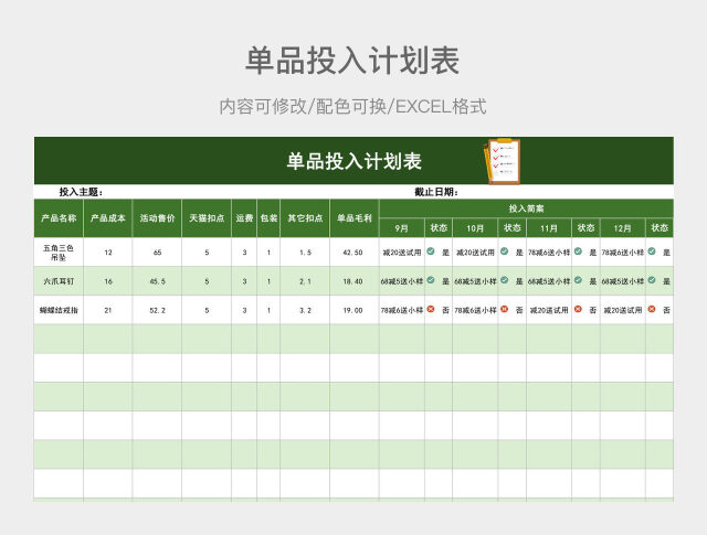 绿色渐变单品投入计划表