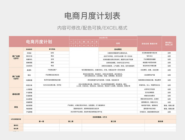 粉橙色简约电商月度计划表