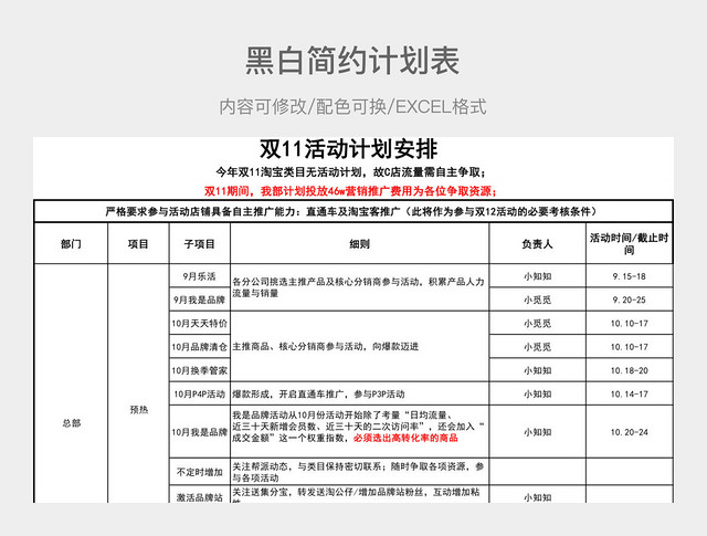 黑白简约淘宝运营计划,电商运营计划