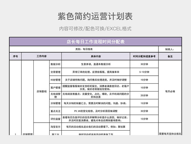 紫色简约淘宝运营计划,电商运营计划