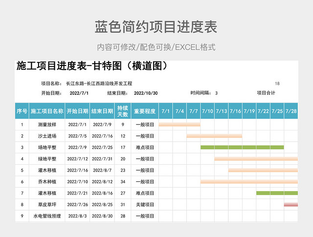 蓝色简约项目进度表