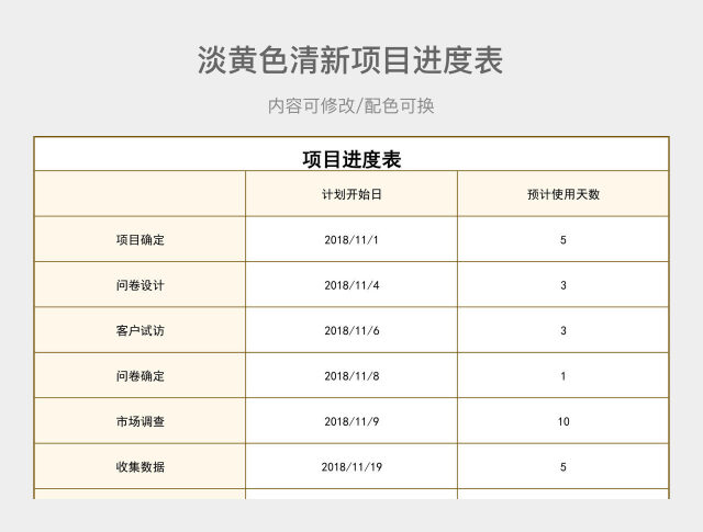 淡黄色清新项目进度表