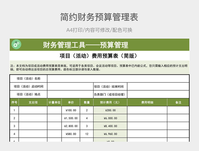 简约财务预算管理表