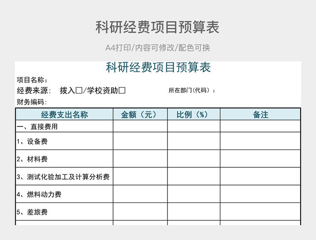 科研经费项目预算表