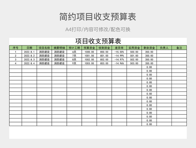 简约项目收支预算表