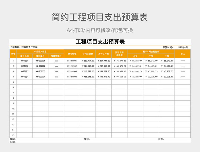 简约工程项目支出预算表